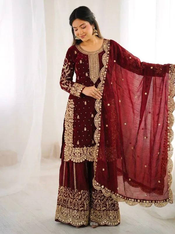 Maroon_Frendy_Silk_Embroidered_Sharara_Set_For_Women