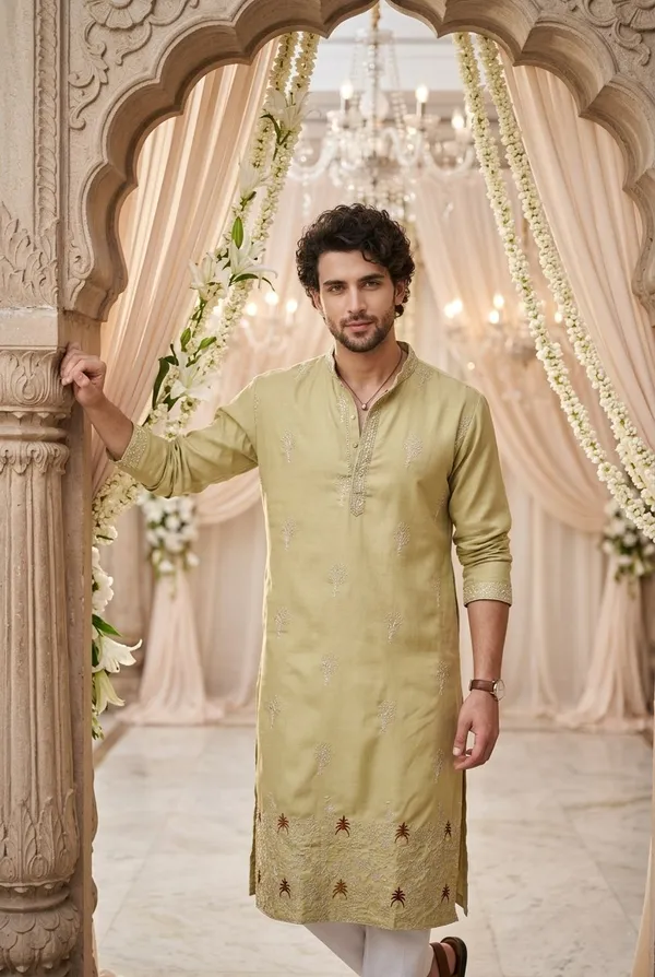Green_Cotton_Embroidered_Kurta_For_Men