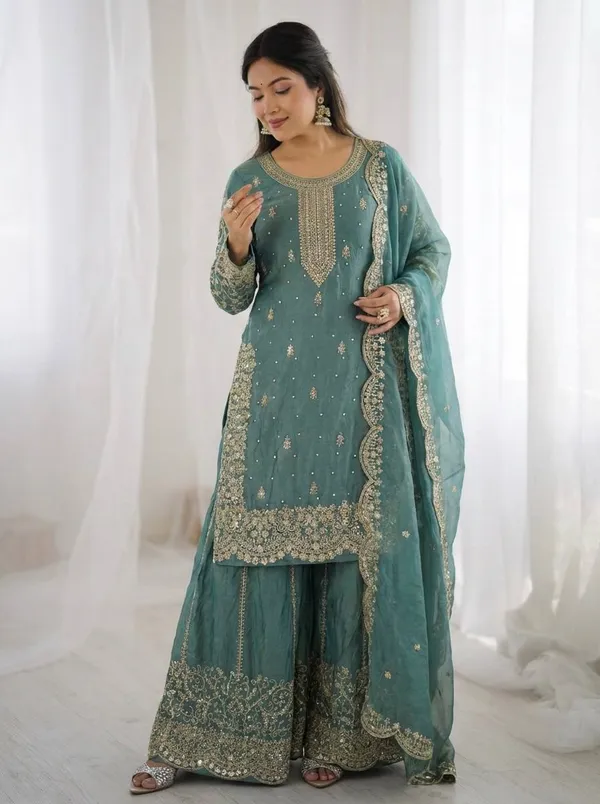 Teal_Green_Frendy_Silk_Embroidered_Sharara_Set_For_Women