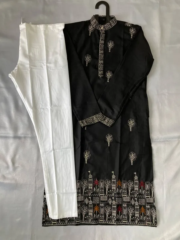 Black_And_White_Cotton_Embroidered_Kurta_Set_For_Men