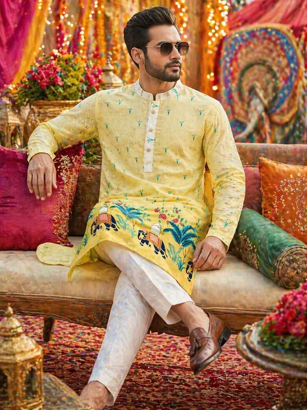Yellow_Cotton_Digital_Print_Kurta_For_Men