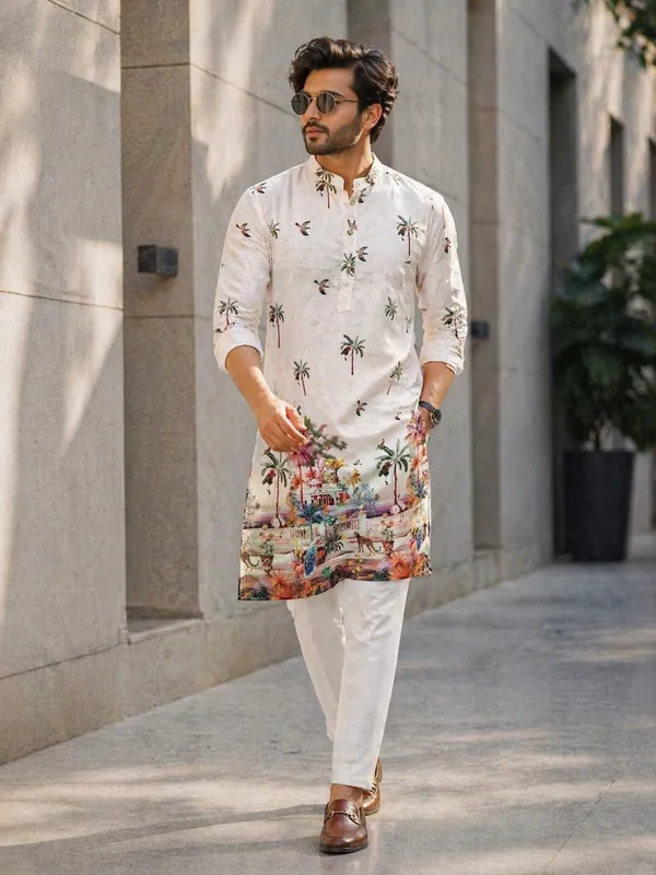 White_Cotton_Digital_Print_Kurta_For_Men