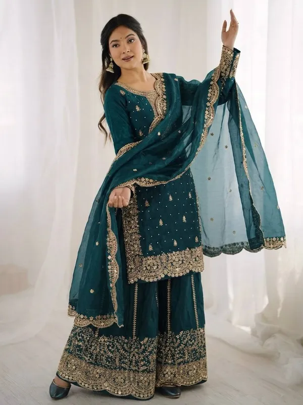 Teal_Blue_Frendy_Silk_Embroidered_Sharara_Set_For_Women