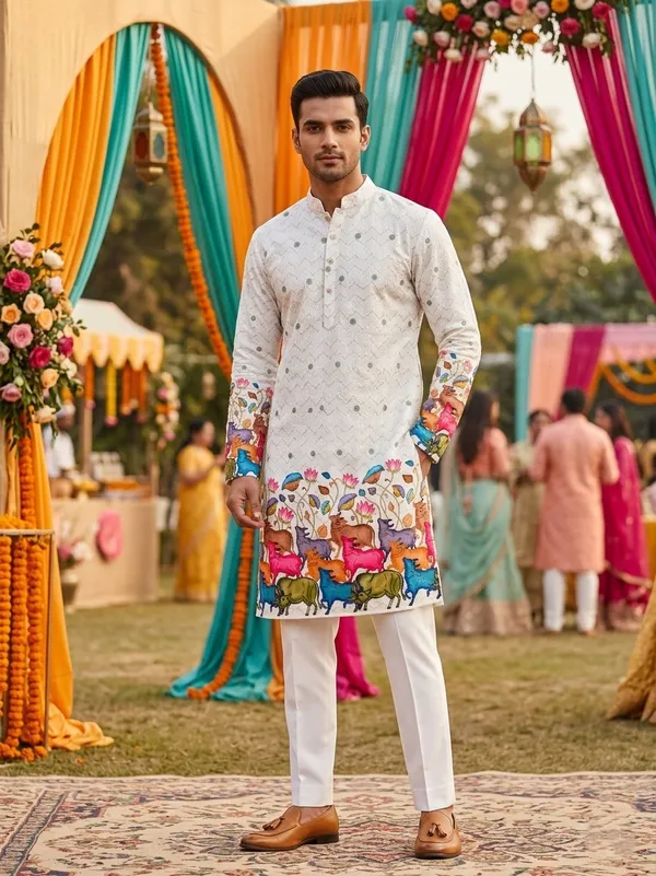 White_Cotton_Digital_Print_Kurta_For_Men