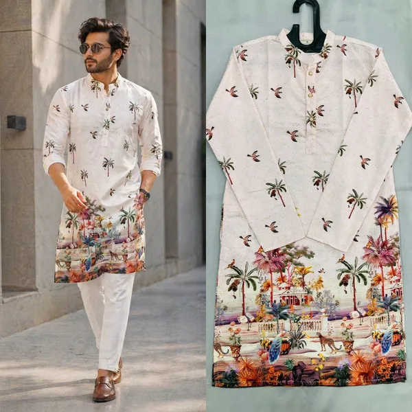 White_Cotton_Digital_Print_Kurta_For_Men