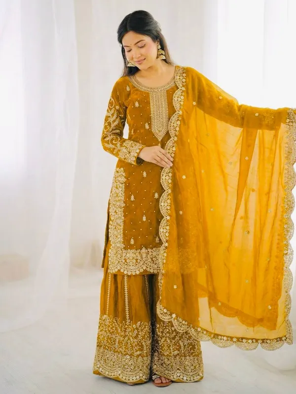 Mustard_Yellow_Frendy_Silk_Embroidered_Sharara_Set_For_Women