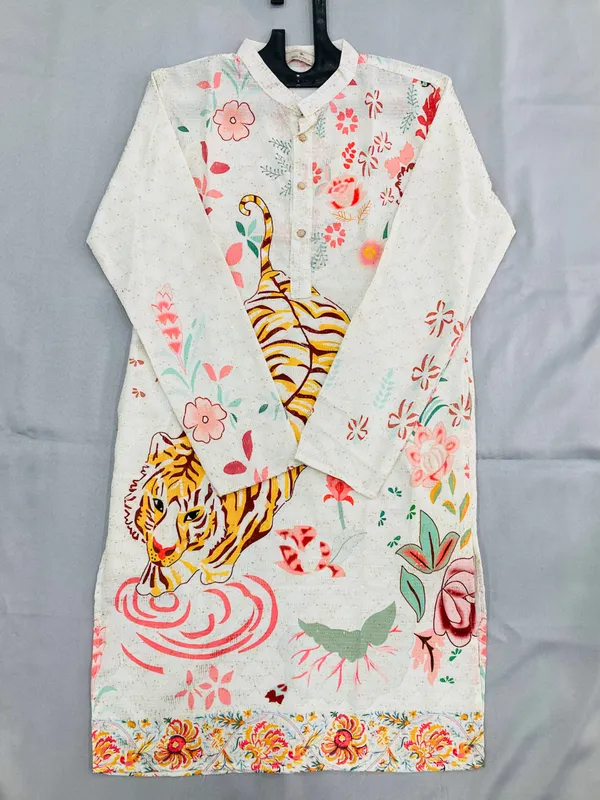White_Cotton_Digital_Print_Kurta_For_Men
