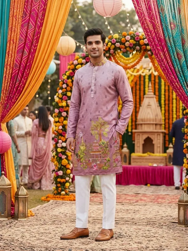 Pink_Cotton_Digital_Print_Kurta_For_Men