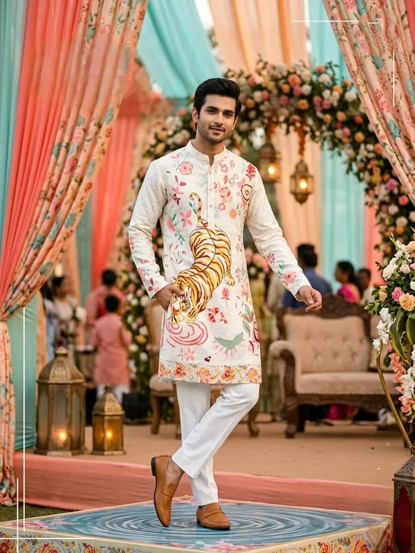 White_Cotton_Digital_Print_Kurta_For_Men