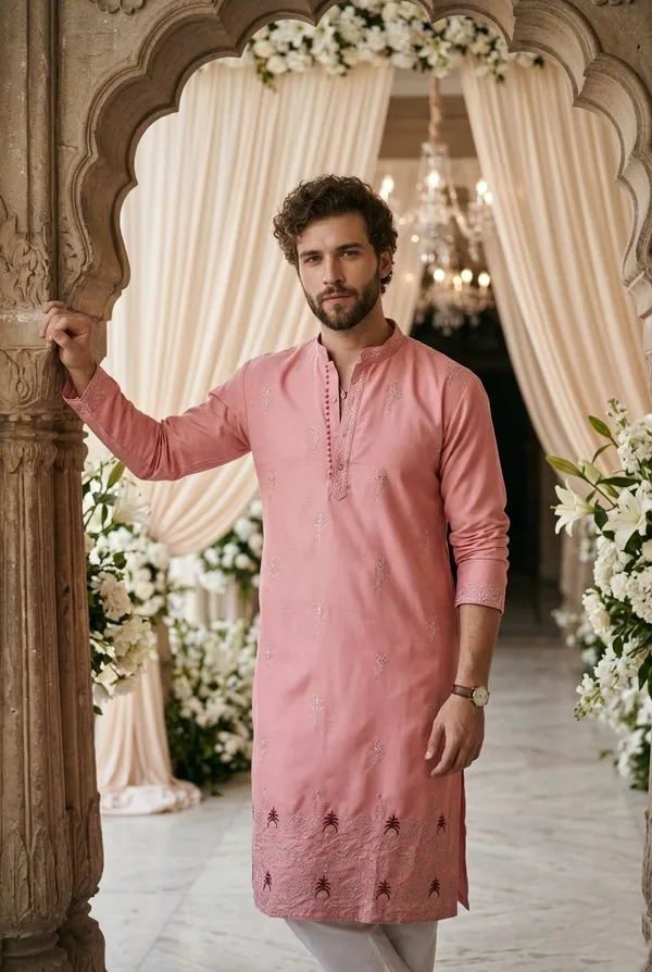 Pink_Cotton_Embroidered_Kurta_For_Men