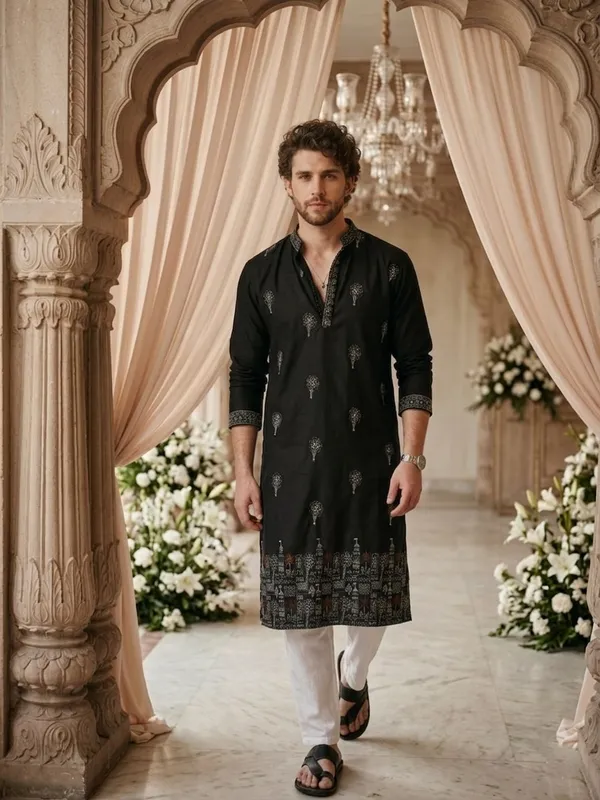 Black_And_White_Cotton_Embroidered_Kurta_Set_For_Men