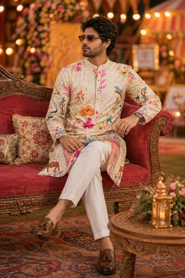 Cream_Cotton_Digital_Print_Kurta_For_Men