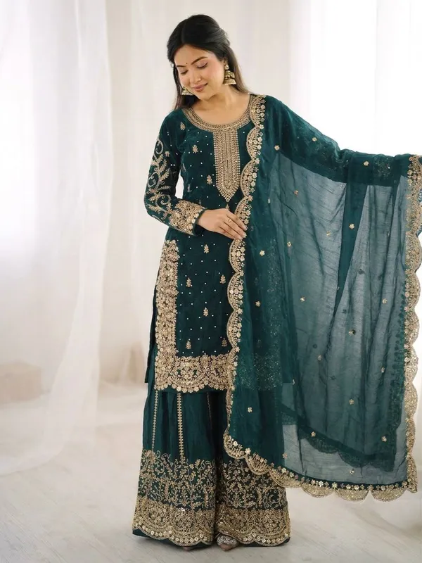 Teal_Blue_Frendy_Silk_Embroidered_Sharara_Set_For_Women