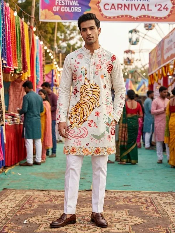 White_Cotton_Digital_Print_Kurta_For_Men