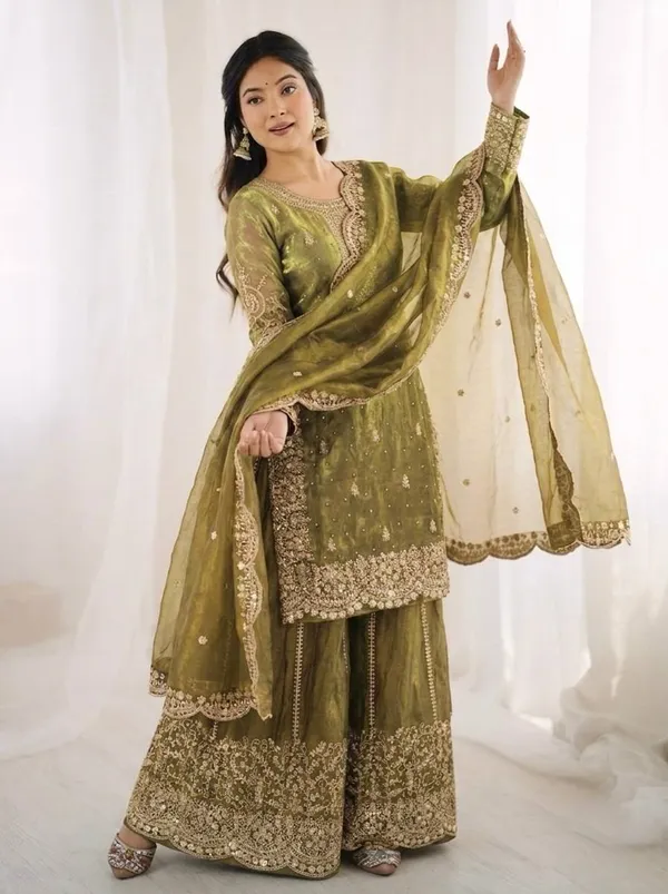 Olive_Green_Frendy_Silk_Embroidered_Sharara_Set_For_Women