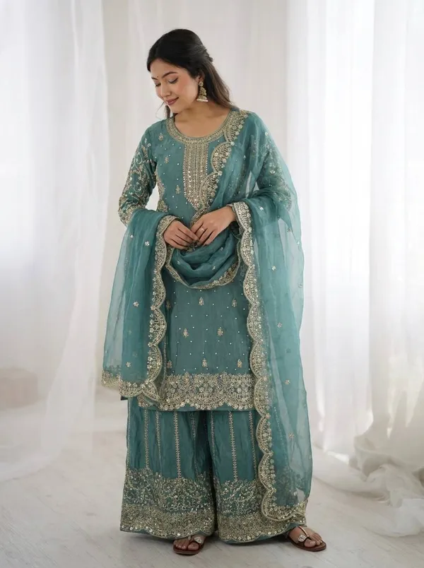 Teal_Green_Frendy_Silk_Embroidered_Sharara_Set_For_Women