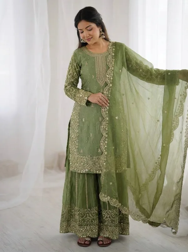 Olive_Green_Frendy_Silk_Embroidered_Sharara_Set_For_Women