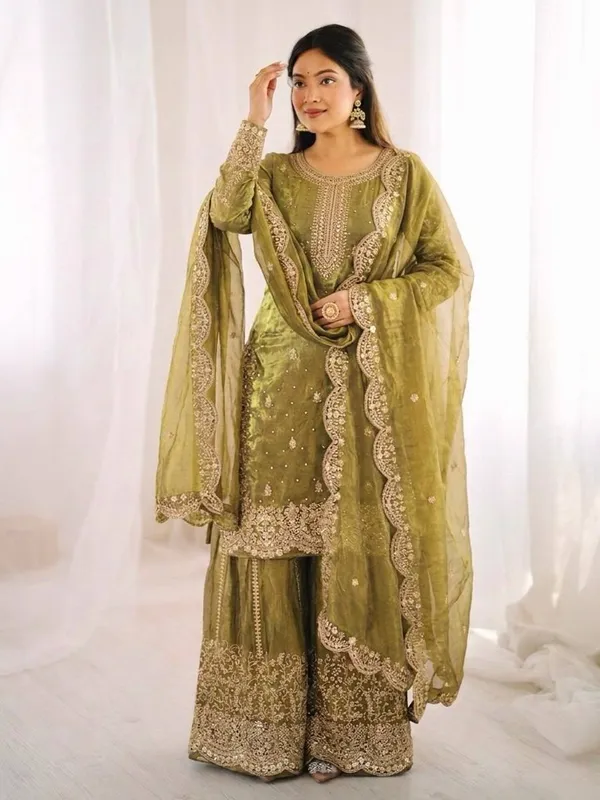 Olive_Green_Frendy_Silk_Embroidered_Sharara_Set_For_Women