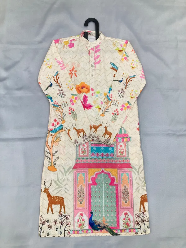 Cream_Cotton_Digital_Print_Kurta_For_Men