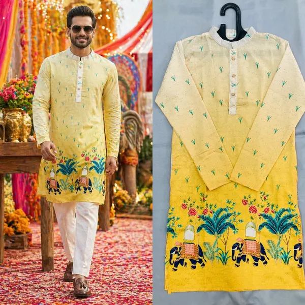 Yellow_Cotton_Digital_Print_Kurta_For_Men