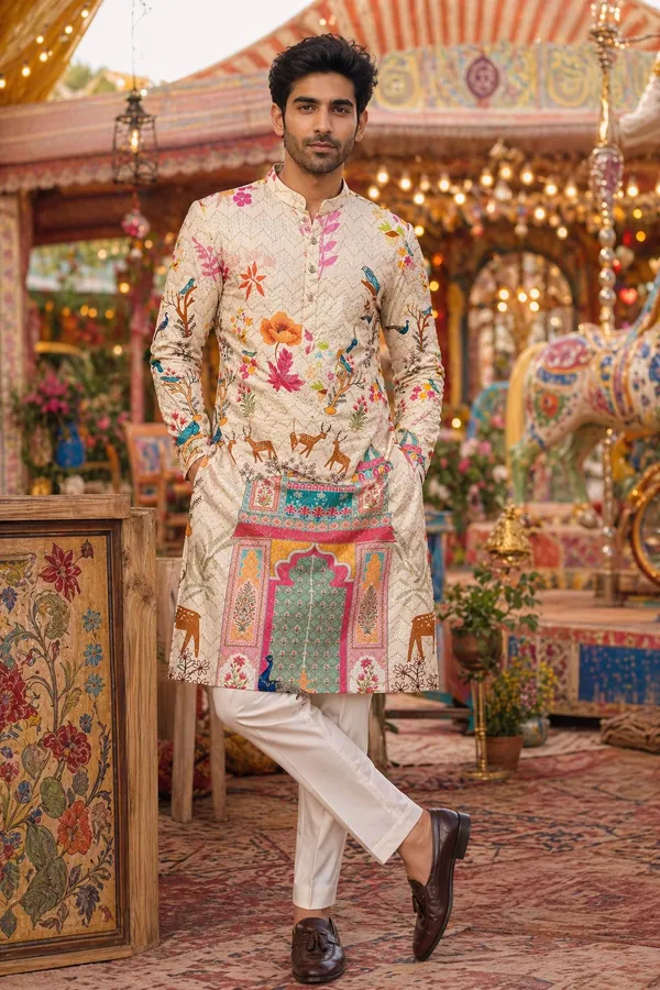 Cream_Cotton_Digital_Print_Kurta_For_Men