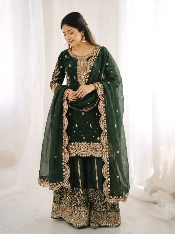 Dark_Green_Frendy_Silk_Embroidered_Sharara_Set_For_Women