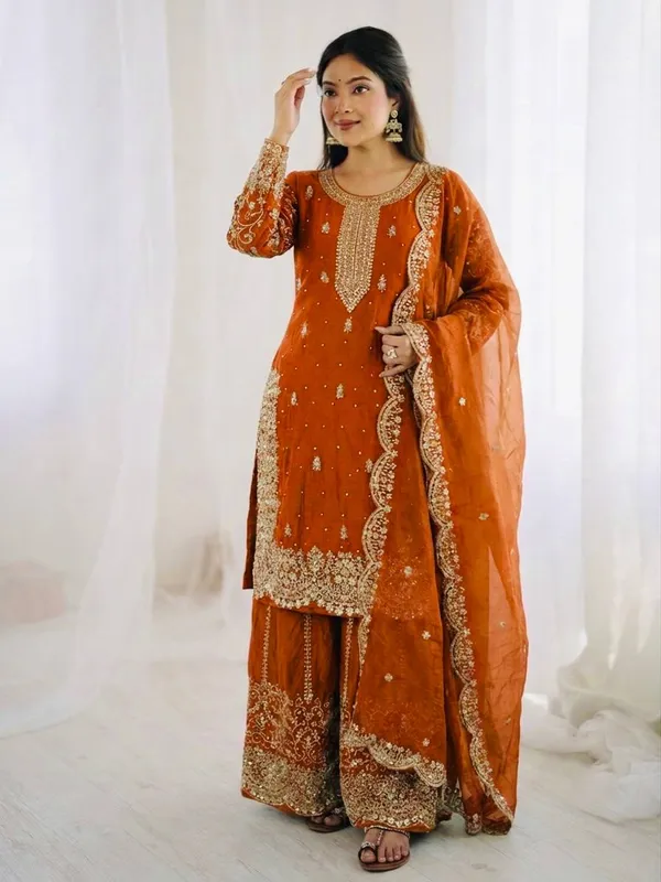 Orange_Frendy_Silk_Embroidered_Sharara_Set_For_Women