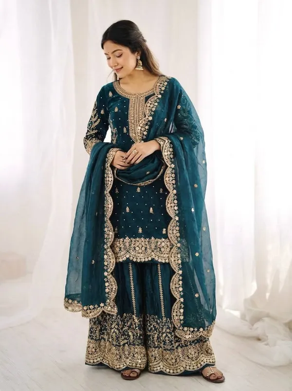Teal_Blue_Frendy_Silk_Embroidered_Sharara_Set_For_Women