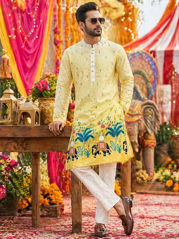 Yellow_Cotton_Digital_Print_Kurta_For_Men