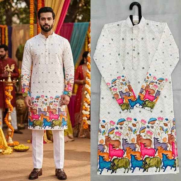 White_Cotton_Digital_Print_Kurta_For_Men