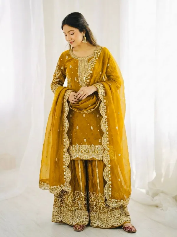 Mustard_Yellow_Frendy_Silk_Embroidered_Sharara_Set_For_Women