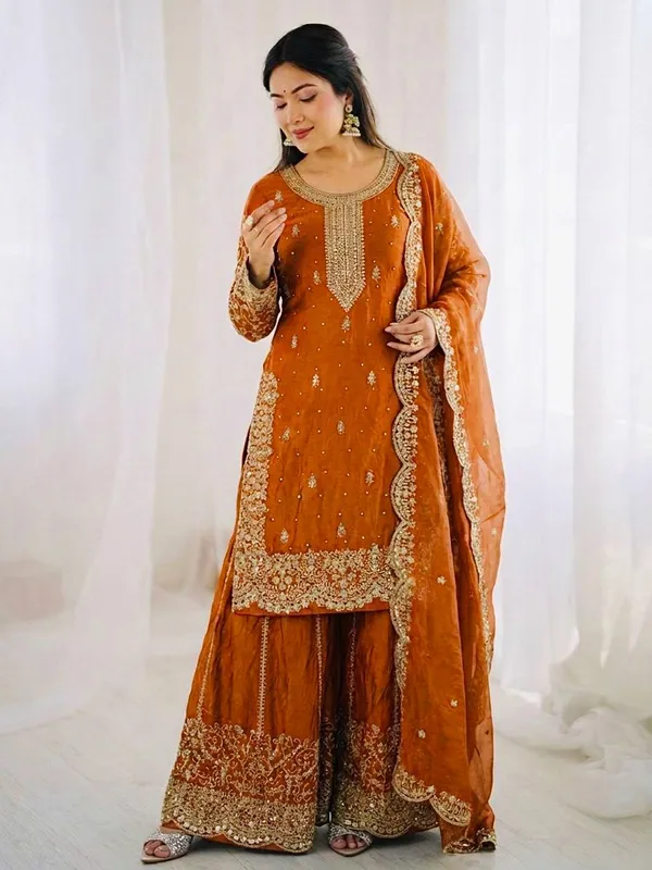 Orange_Frendy_Silk_Embroidered_Sharara_Set_For_Women