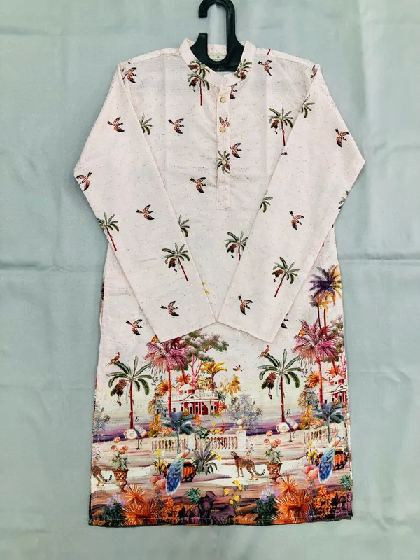 White_Cotton_Digital_Print_Kurta_For_Men