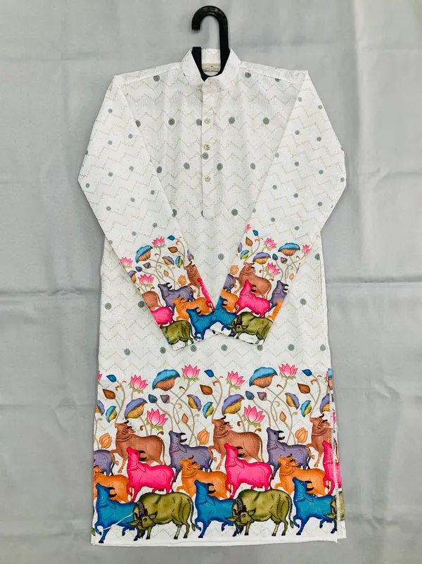 White_Cotton_Digital_Print_Kurta_For_Men