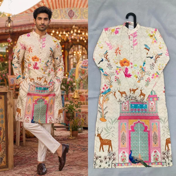 Cream_Cotton_Digital_Print_Kurta_For_Men