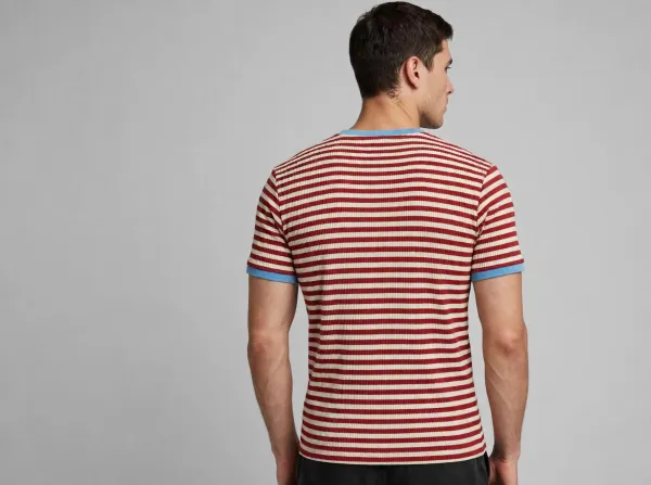CHEST_&_WAIST_Men's_Ribbed_Stripe_Henley_-_Maroon_&_Cream_with_Sky_Blue_Contrast_Trim_-_Regular_Fit