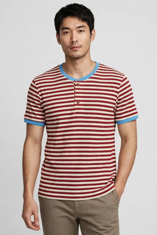 CHEST_&_WAIST_Men's_Ribbed_Stripe_Henley_-_Maroon_&_Cream_with_Sky_Blue_Contrast_Trim_-_Regular_Fit