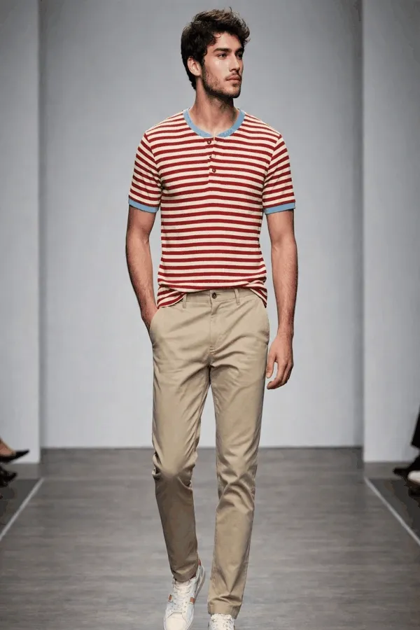 CHEST_&_WAIST_Men's_Ribbed_Stripe_Henley_-_Maroon_&_Cream_with_Sky_Blue_Contrast_Trim_-_Regular_Fit