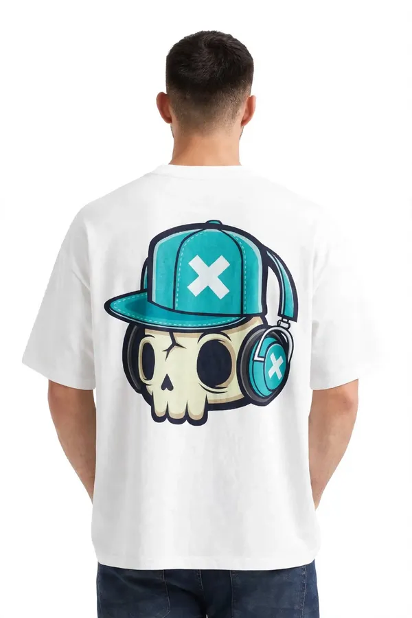 CHEST_&_WAIST_Oversized_T-Shirt_-_White_Skull_X_Cap_Back_Print_|_Front_Plain_|_Teal_Headphones_Skull_|_Premium_Streetwear_|_180_GSM