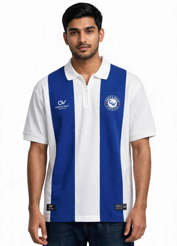 CHEST_&_WAIST_SPORTS_CLUB_-_Blue_White_Striped_Zip_Polo_T-Shirt_|_White_Sleeves_|_White_Collar_with_Zip_|_regular_Fit_|_Unisex