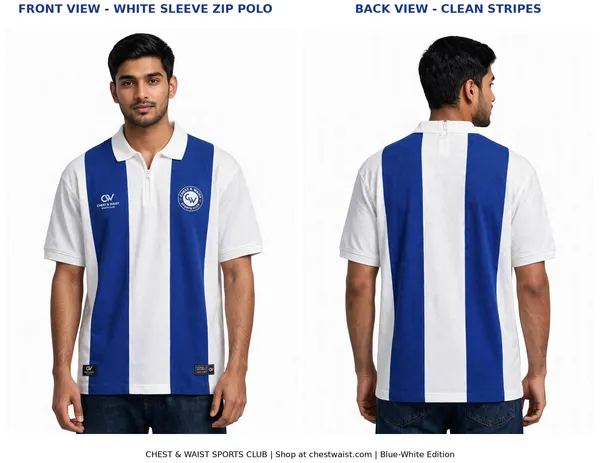 CHEST_&_WAIST_SPORTS_CLUB_-_Blue_White_Striped_Zip_Polo_T-Shirt_|_White_Sleeves_|_White_Collar_with_Zip_|_regular_Fit_|_Unisex