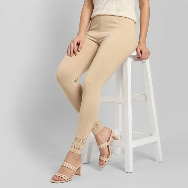 Beige_Cotton_Ruched_Leggings_For_Women