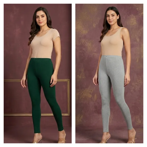 Dark_Green_And_Grey_Cotton_High_Waist_Ankle_Length_Leggings_For_Women_|_Pack_Of_2