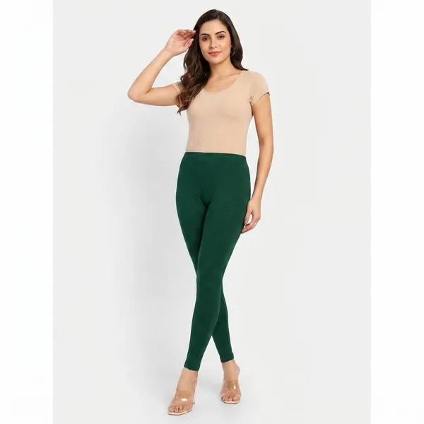 Dark_Green_Cotton_High_Waist_Ankle_Length_Leggings_For_Women
