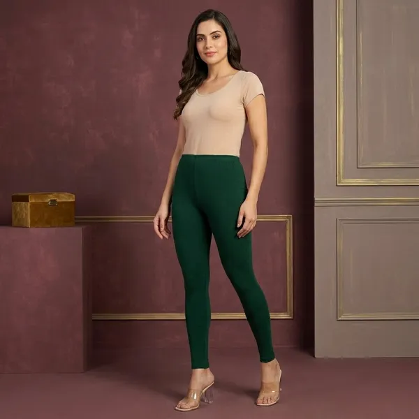 Dark_Green_Cotton_High_Waist_Ankle_Length_Leggings_For_Women
