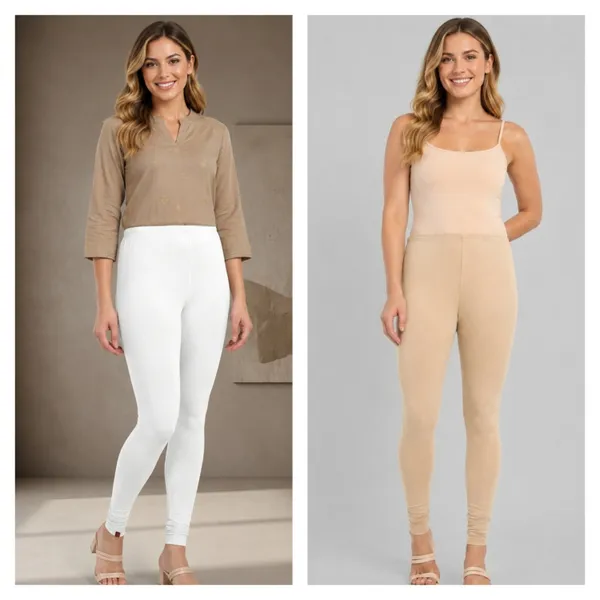 White_And_Orange_Cotton_Full_Length_Leggings_For_Women_|_Pack_Of_2