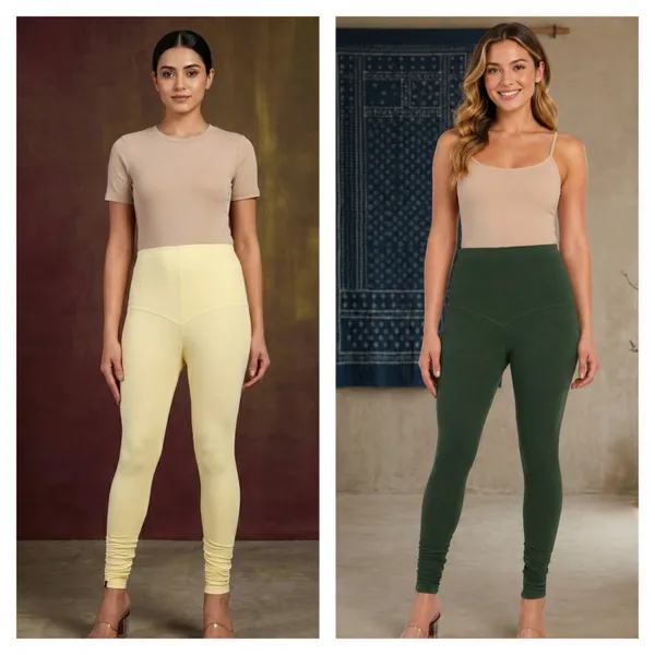 Green_And_Yellow_Cotton_High_Waist_churidar_Leggings_For_Women_|_Pack_Of_2