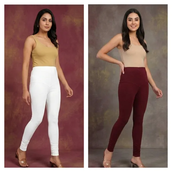 Maroon_And_White_Cotton_High_Waist_Ruched_chudidar_Leggings_For_Women_|_Pack_Of_2