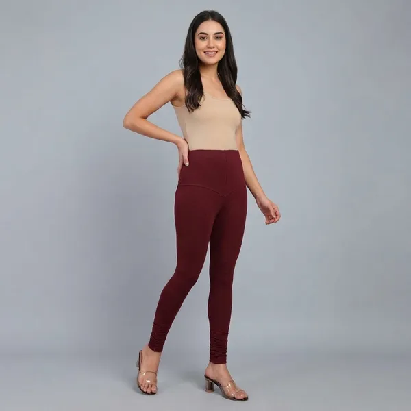 Maroon_Cotton_High_Waist_Ruched_churidar_Leggings_For_Women
