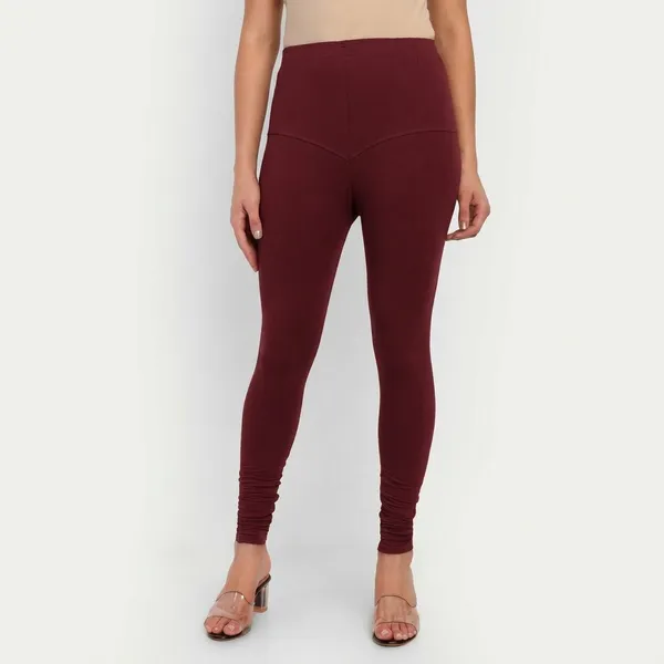 Maroon_Cotton_High_Waist_Ruched_churidar_Leggings_For_Women